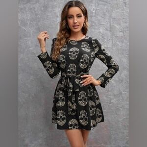 Shein Women's A-Line Dress Leopard Print Skulls Belted Size L